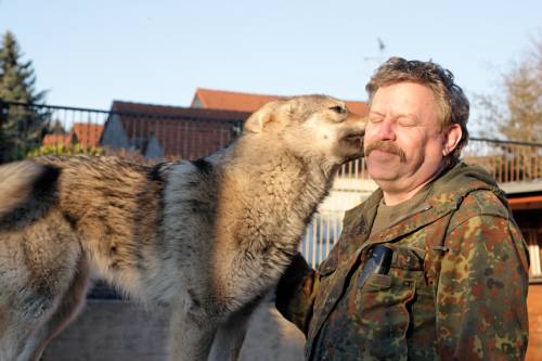 Anjuschka flüstert Dieter eine Wolfsgeschichte ins Ohr